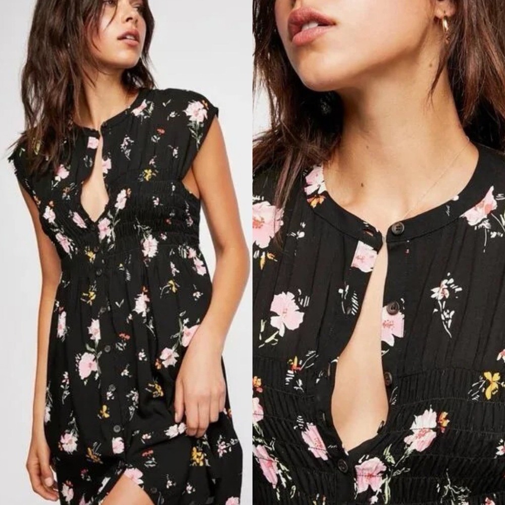 Free People Greatest Day Dress XS Black Floral Smocked Button Front Cottagecore